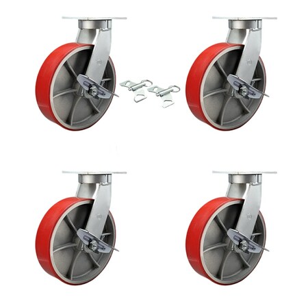 Service Caster 12'' Heavy Duty Red Poly on Cast Iron Caster Set 4 Brakes 2 Swivel Locks, 4PK CRAN-KP92S1230-PUR-RS-SLB-BSL-2-SLB2